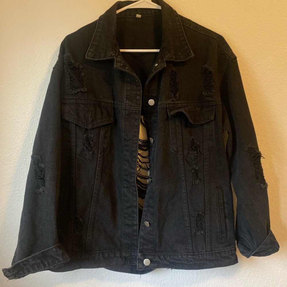 SHEIN Black Distressed Jean Jacket